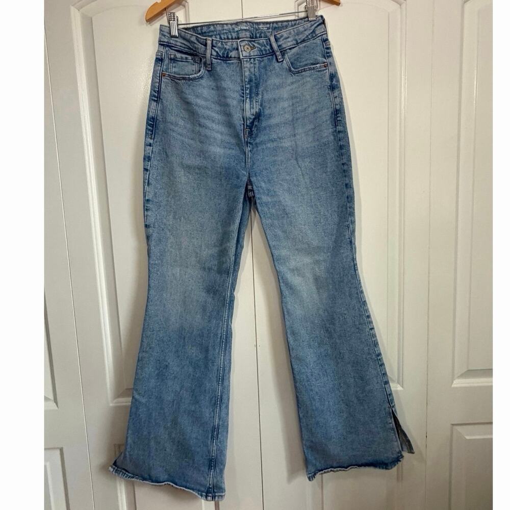 Old Navy Higher High-Rise Flare Jeans Womens 12 Raw Hem Side Slit Denim